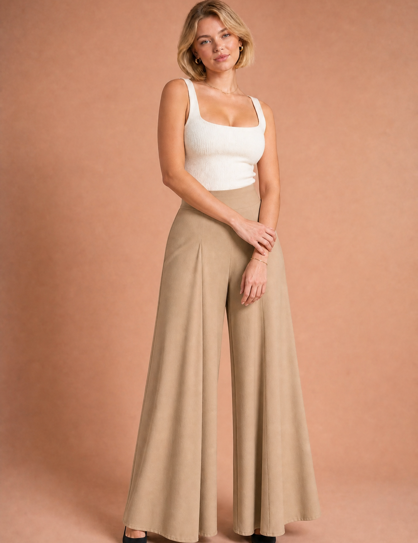 Pantalon large taille haute fluide | Variante Beige | Lounelle Paris