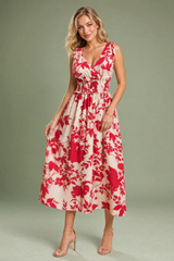 Rode bloemen midi-jurk met blote rug