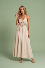 Beige halterjurk lang