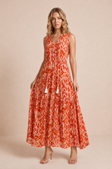 Robe imprimée col V met franjes