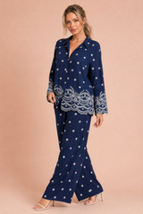 ruim marineblauw geborduurd ensemble