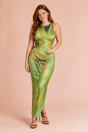 Robe verte imprimée sans manches | Porté sur une autre silhouette | Lounelle Paris
