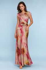 Lange beige roze bedrukte jurk