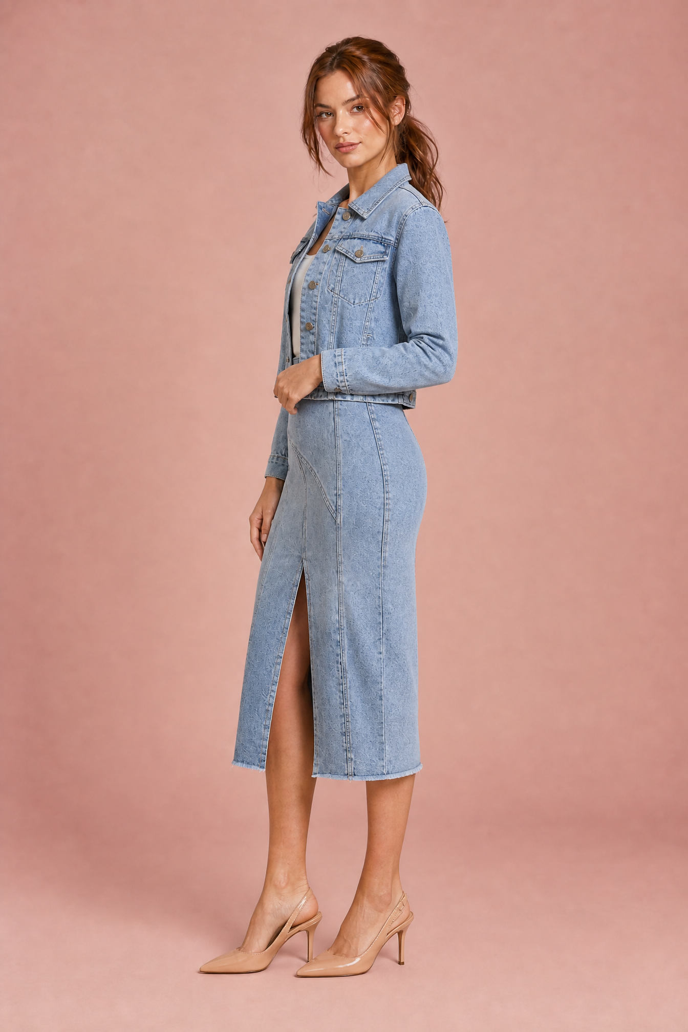 Ensemble veste jean et jupe midi | Vue de profil | Lounelle Paris