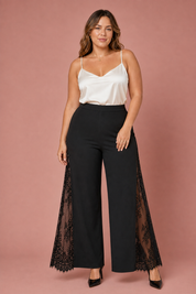 Zwarte hoge taille wijde broek met kant