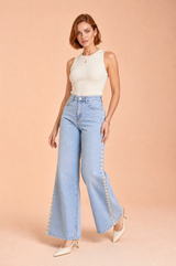 Blauwe wijde jeans met crochet
