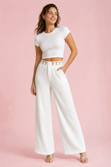 Witte wijde pantalon met kantceintuur