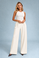 Beige hoge taille wijde pijpen broek