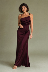 Lange bordeaux asymmetrische jurk