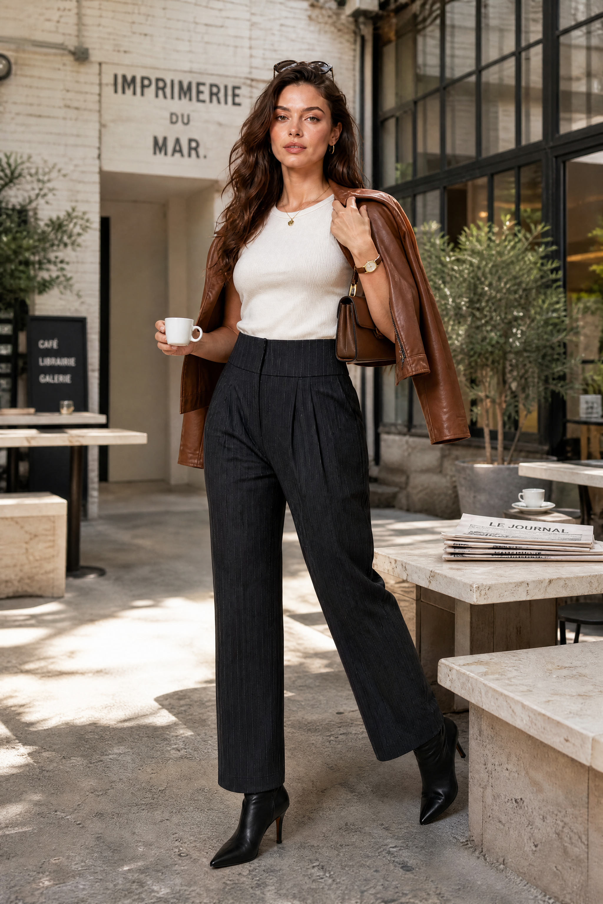 Pantalon tailleur rayé taille haute | Photo lifestyle | Lounelle Paris