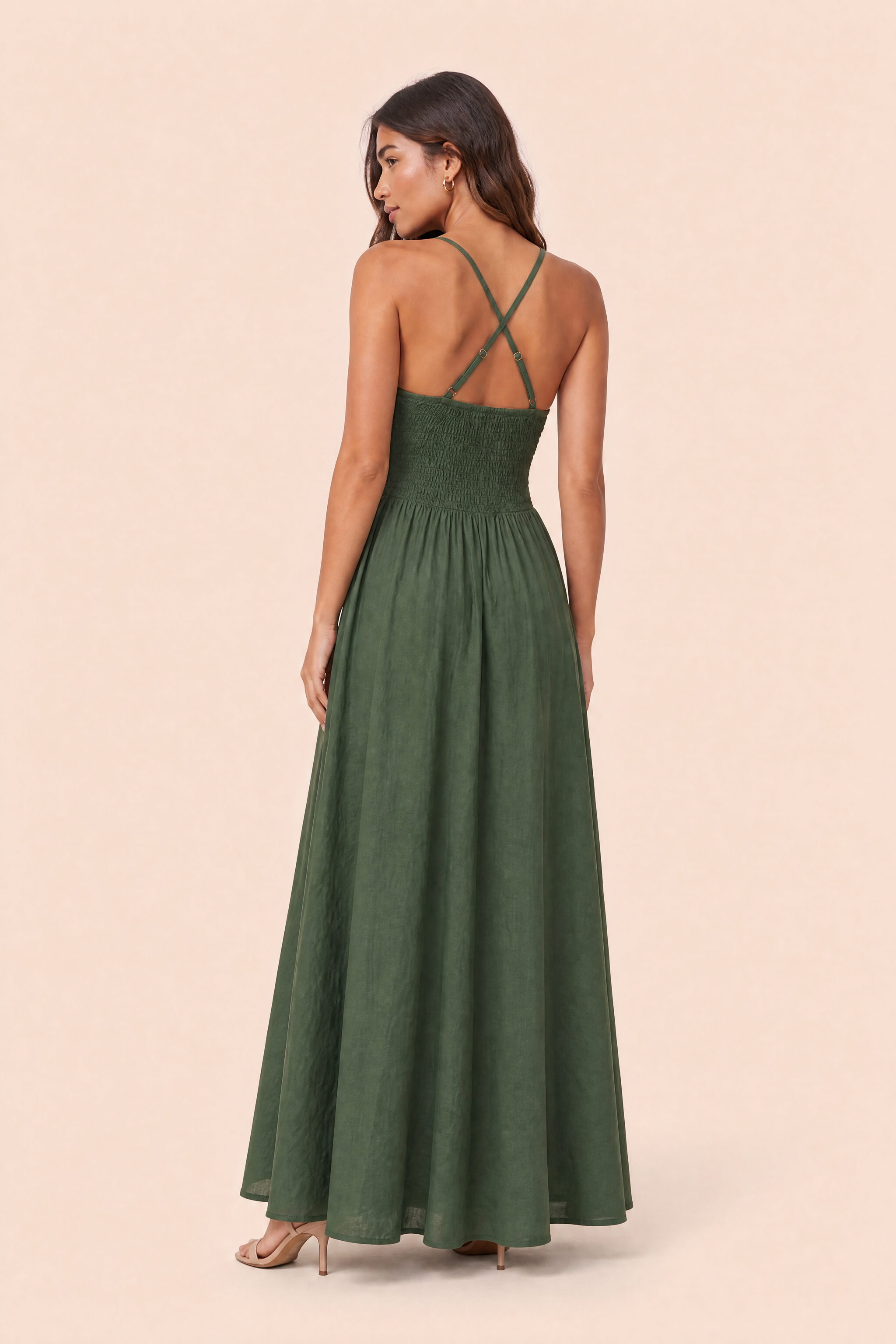 Robe longue vert foncé dos smocké | Vue de dos | Lounelle Paris