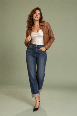 Donkerblauwe mom-jeans met hoge taille en rechte pijpen