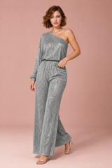 Zilveren asymmetrische paillettenjumpsuit