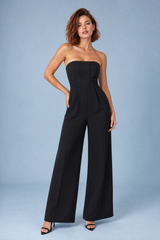 Zwarte bustier jumpsuit met wijde pijpen