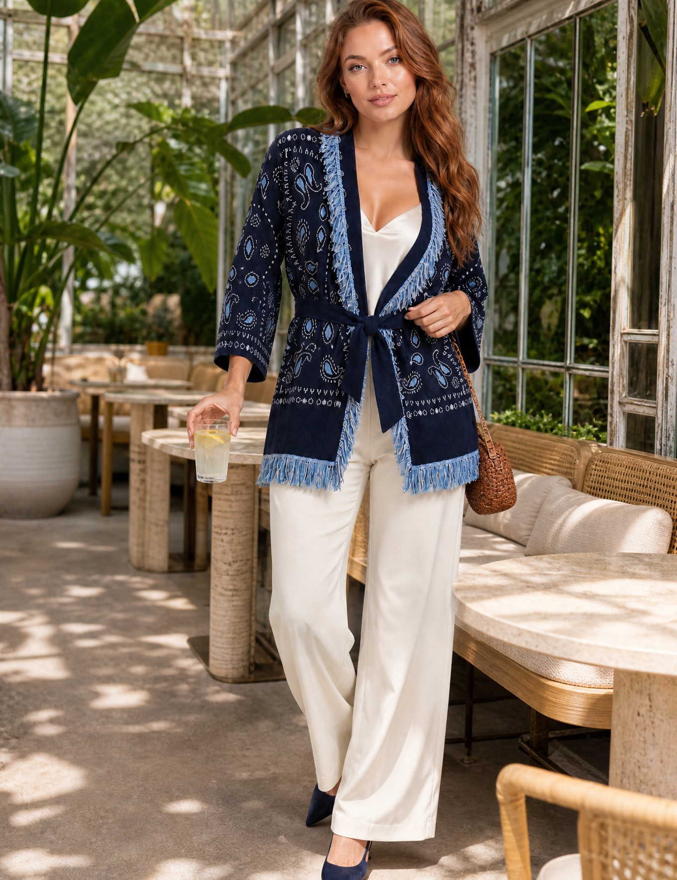 Gilet bleu marine col V franges | Photo lifestyle | Lounelle Paris