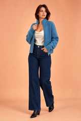 Blauw gilet met rits en opstaande kraag
