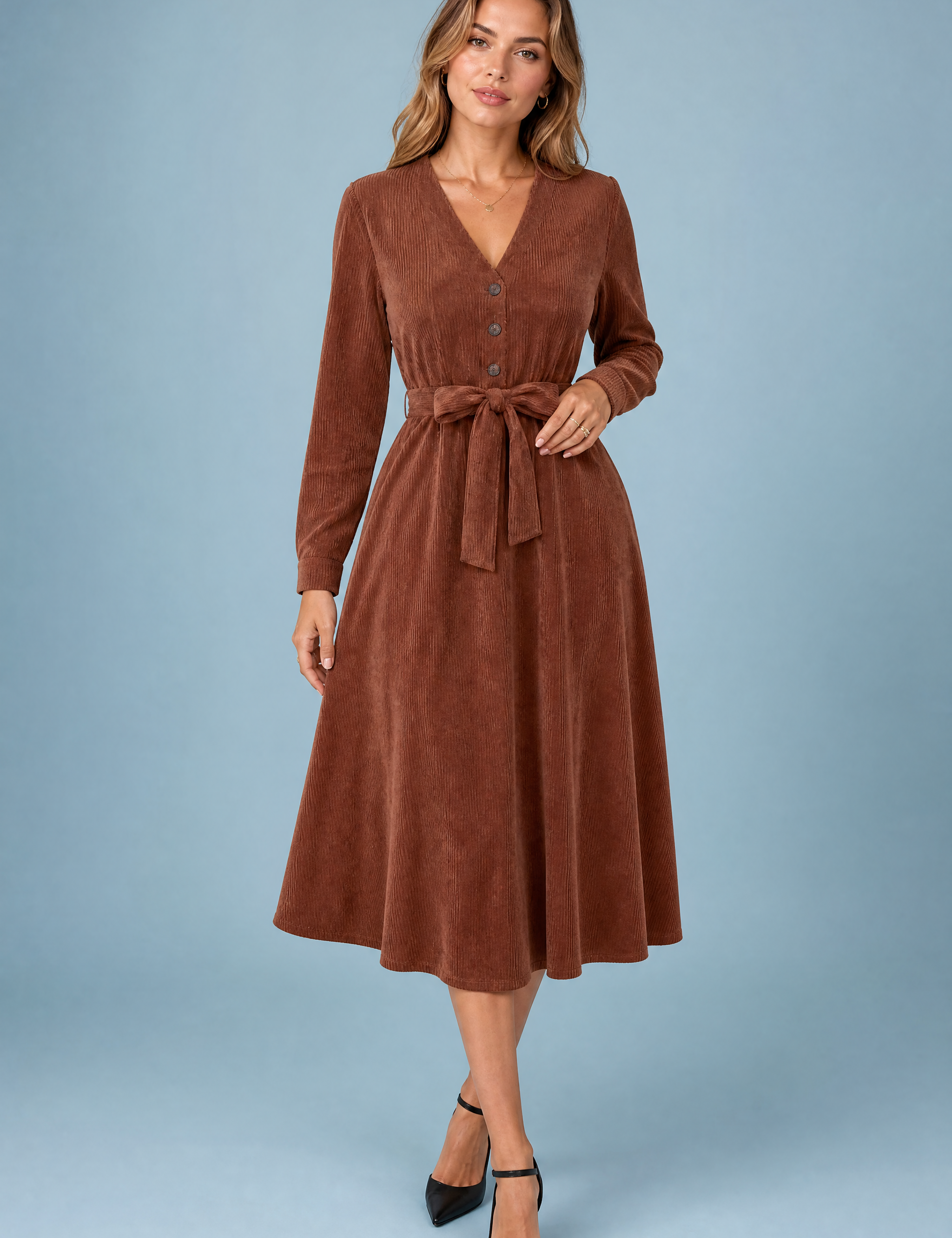 Robe marron col V velours côtelé | Vue de face | Lounelle Paris