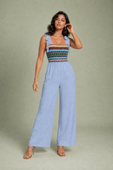 Beige jumpsuit met strikbandjes