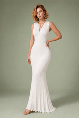 Witte geplooide maxi-jurk met v-hals