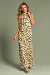 Lange zebraprint jurk met sjaalkraag