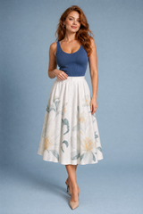 Beige bloemen midirok met hoge taille