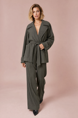 Grijs trench en wijde broek set