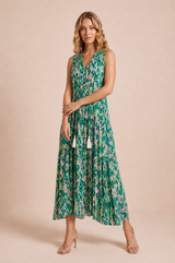 Robe imprimée col V met franjes