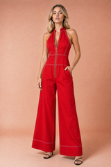 Zwarte mouwloze jumpsuit met hoge kraag