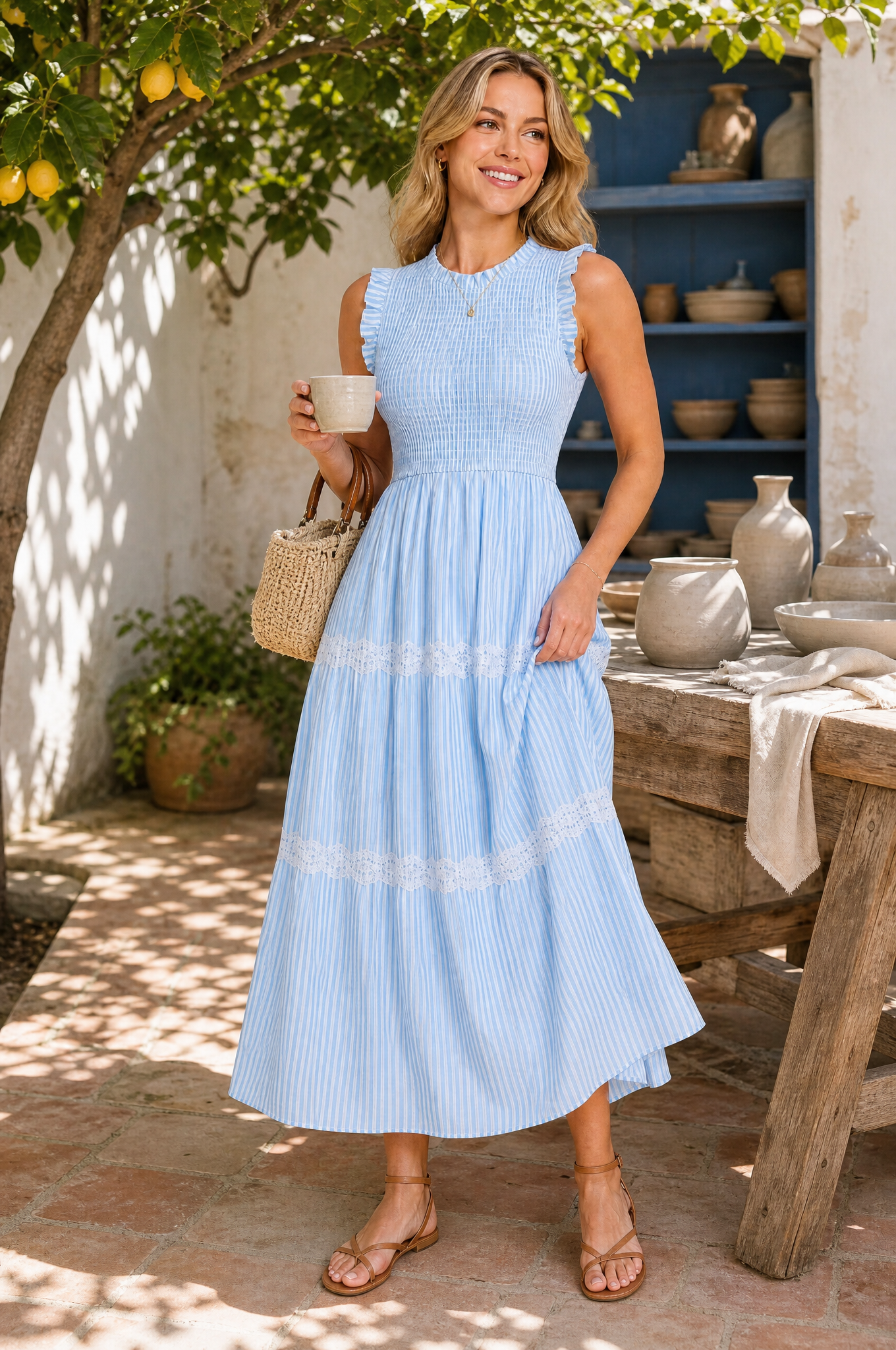 Robe longue rayée smockée | Photo lifestyle | Lounelle Paris