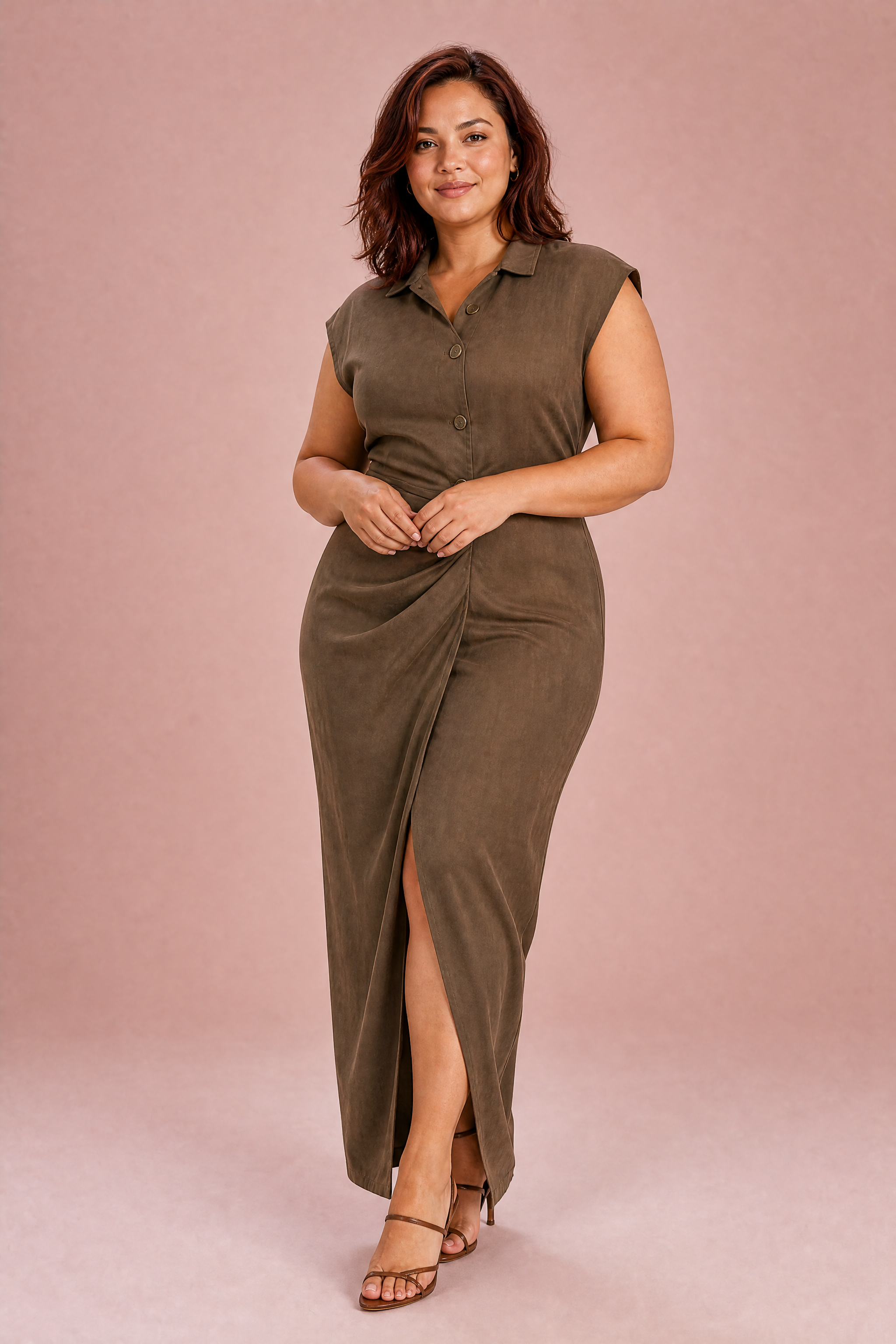Robe longue marron col chemise | Porté sur une silhouette plus ronde | Lounelle Paris