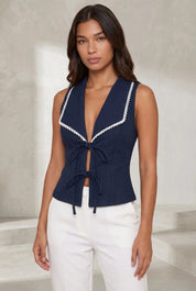 Gilet bleu marine à col tailleur | Lounelle Paris