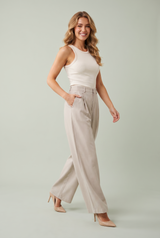 Beige wijde plissébroek
