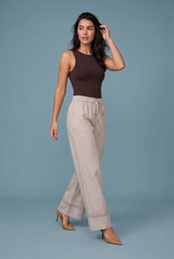 Beige hoge taille wijde broek