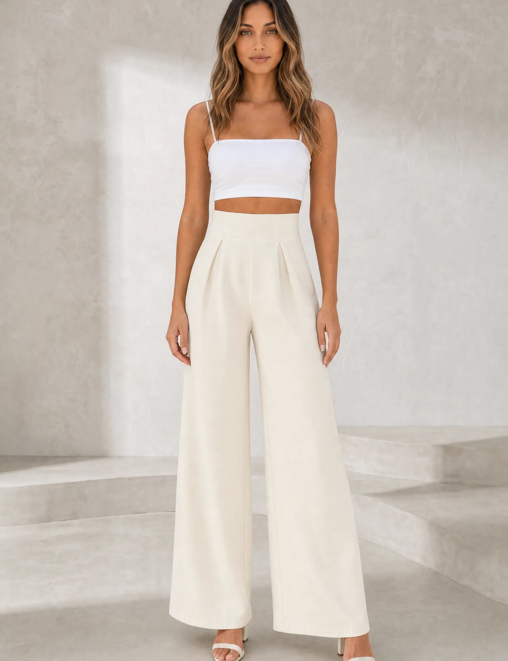 Pantalon beige taille haute jambes larges | Lounelle Paris