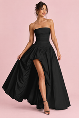 Zwarte strapless maxijurk met ruches