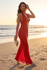 Robe rouge dos nu à encolure américaine | Deuxième photo lifestyle | Lounelle Paris