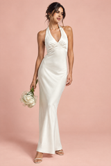 Gebroken witte maxi-jurk met rimpeldetail en V-hals