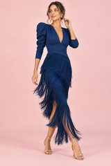 Marineblauwe jurk met franjes en V-hals