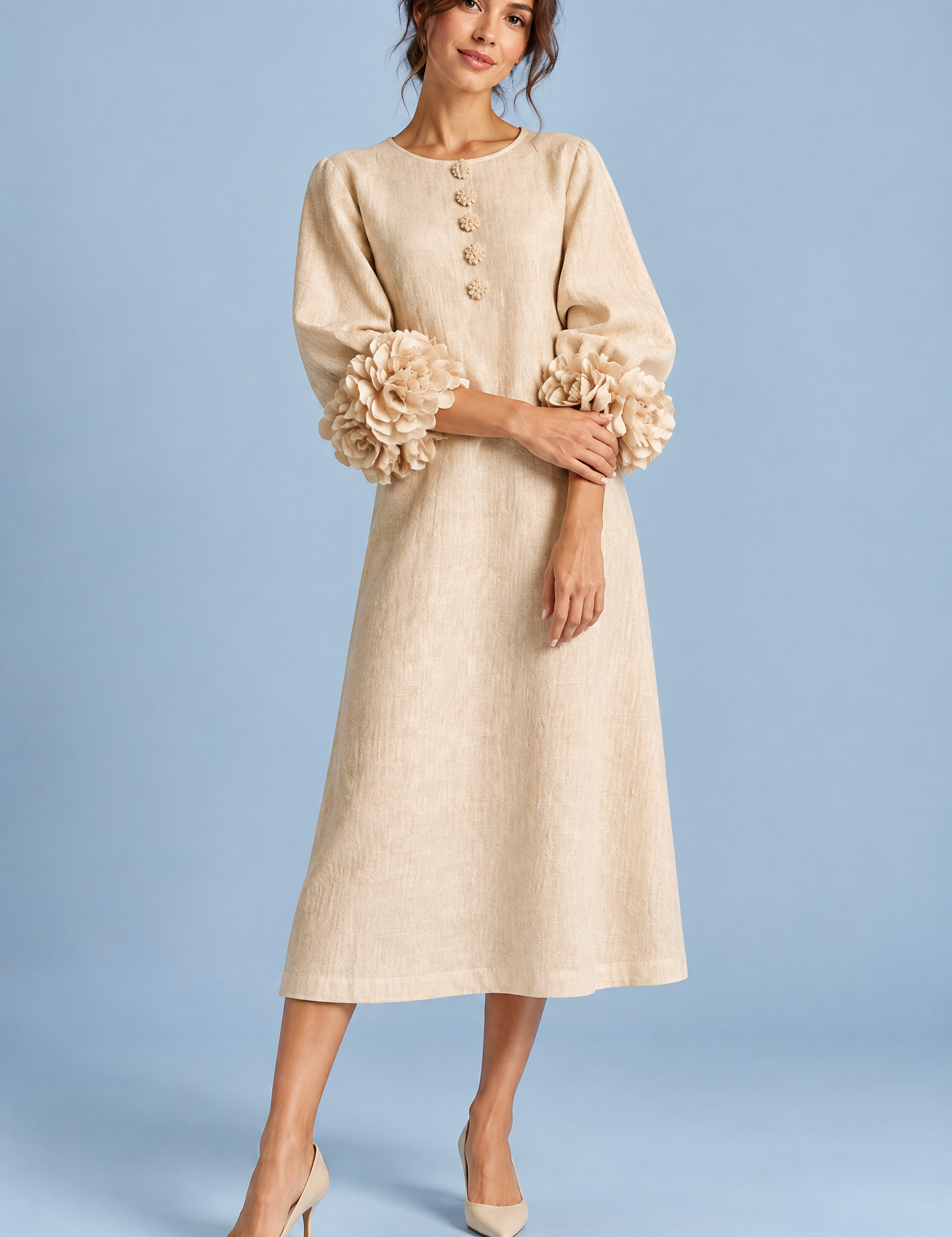 Robe midi beige coupe trapèze à manches bouffantes | Vue de face | Lounelle Paris
