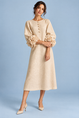 Beige A-lijn midi-jurk met pofmouwen