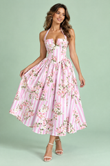Roze halterjurk met bloemen en strepen