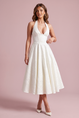 Jacquard midi-jurk met halternek – gebroken wit