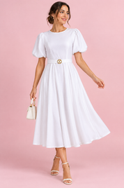 Robe midi blanche à col montant et manches bouffantes | Vue de face | Lounelle Paris