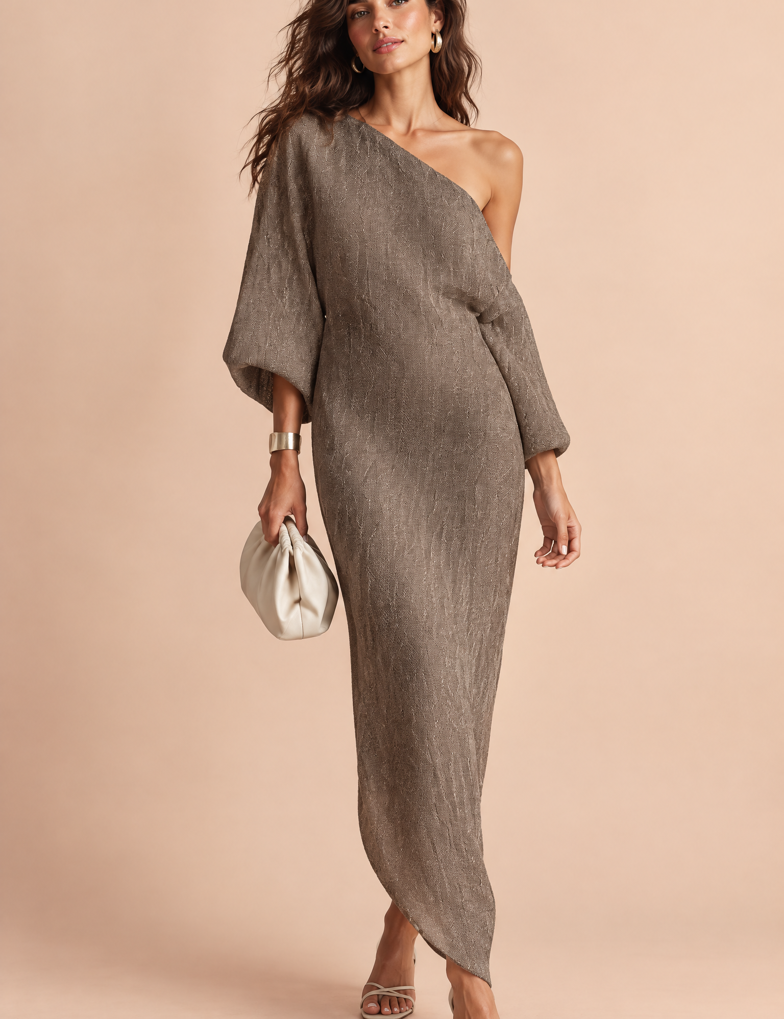 Robe asymétrique marron à épaule dénudée | Vue de face | Lounelle Paris
