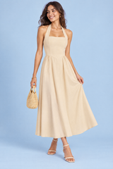 Beige midi-skaterjurk met halternek