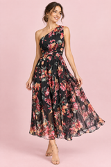 Zwarte maxi-jurk met bloemenprint, one-shoulder en A-lijn
