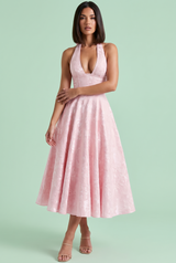 Jacquard midi-jurk met halternek – roze