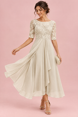 Chiffon midi-jurk met geborduurd lijfje - ivoor