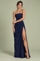 Marineblauwe strapless maxi-jurk met ruches