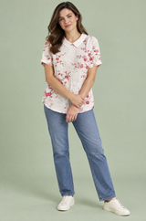 Gebroken wit T-shirt met bloemenprint en kraag